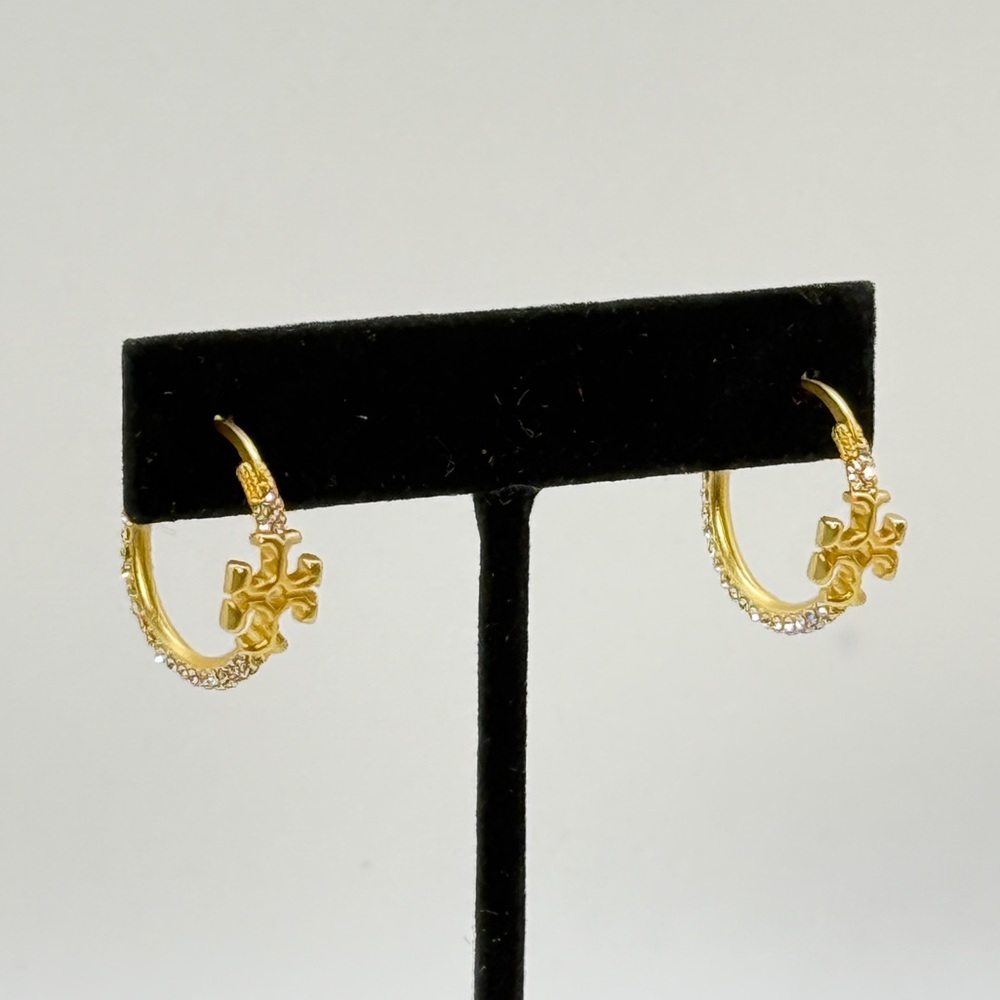 Tory Burch Gold Crystal Logo Hoop Earrings ✨ - Picture 3 of 3